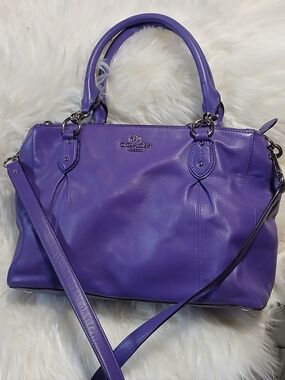 Coach Purple Iris Leather Satchel with Dual Handles and Crossbody Strap